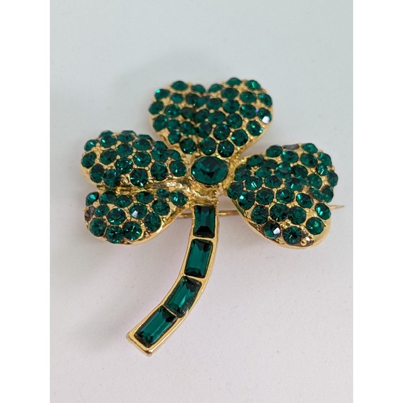 Vintage St Patrick's Day Rhinestone Shamrock 3-leaf Clover Tac Lapel Pin - Picture 1 of 4